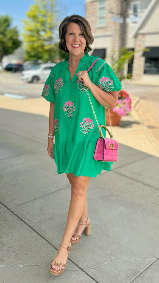 Pops Of Pink Poppies Mini Dress - Green