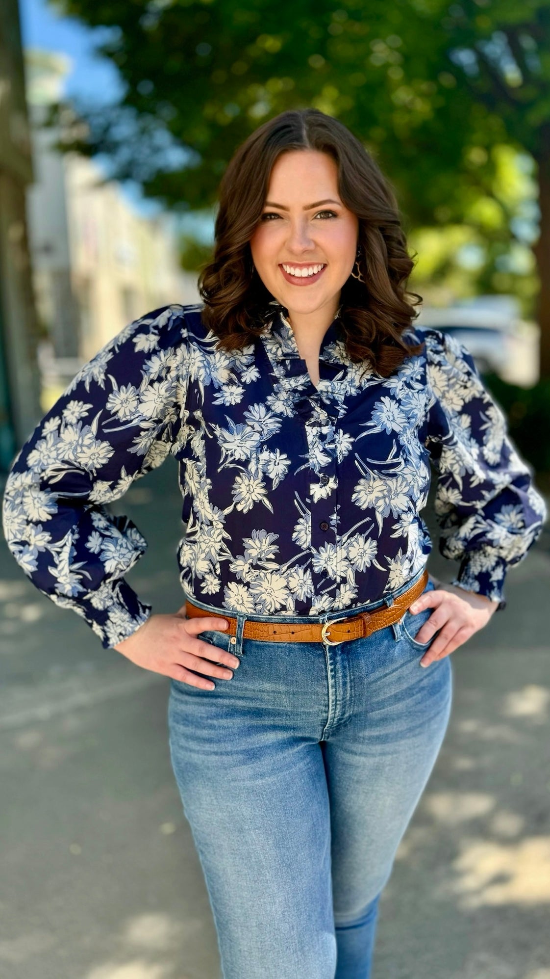 Floral Button Up Blouse - Navy