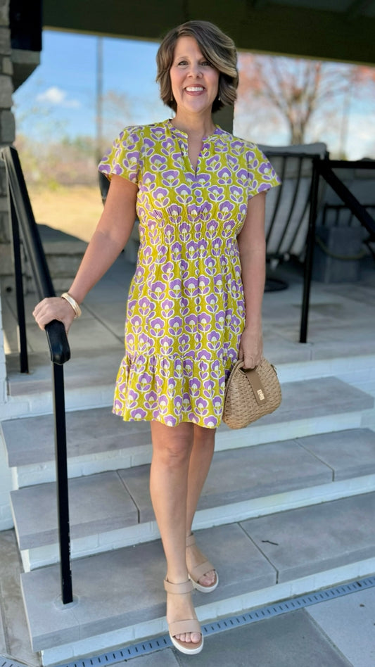 Uncle Frank Lime Tulip Shirred Front Dress