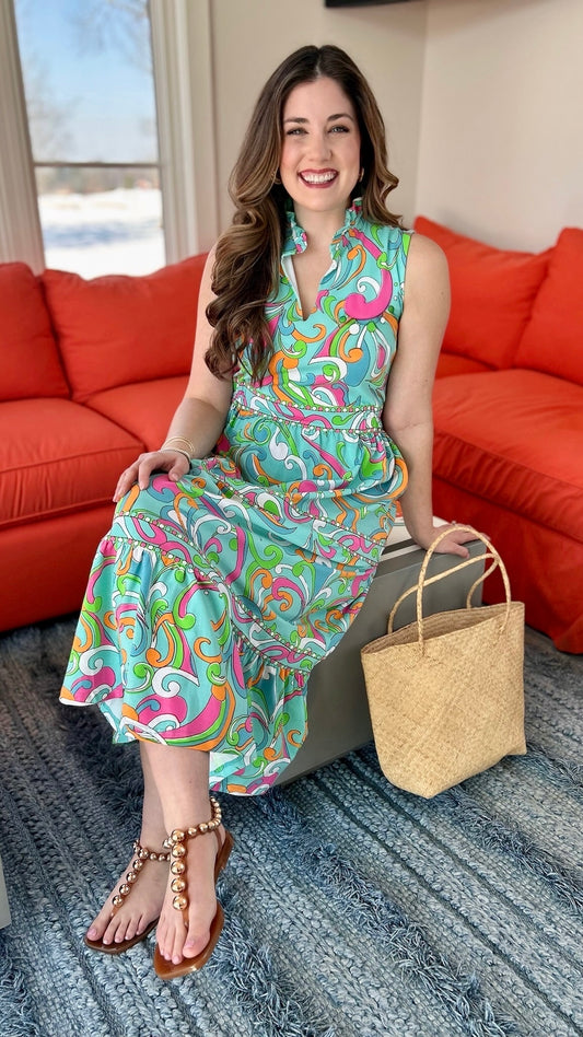 Tabi Swirl Midi Dress - Aqua Multi