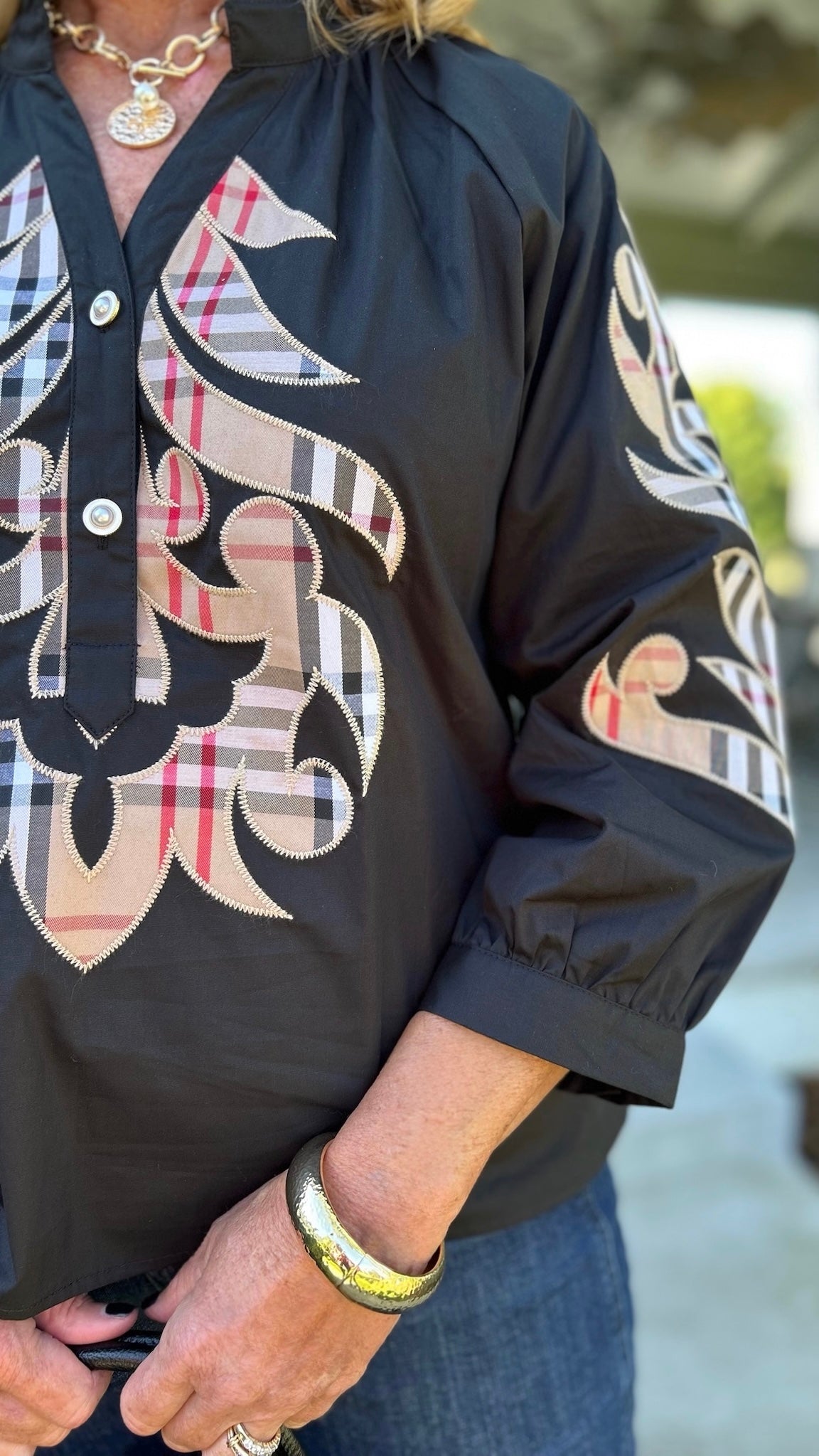 Black With Plaid Applique Top