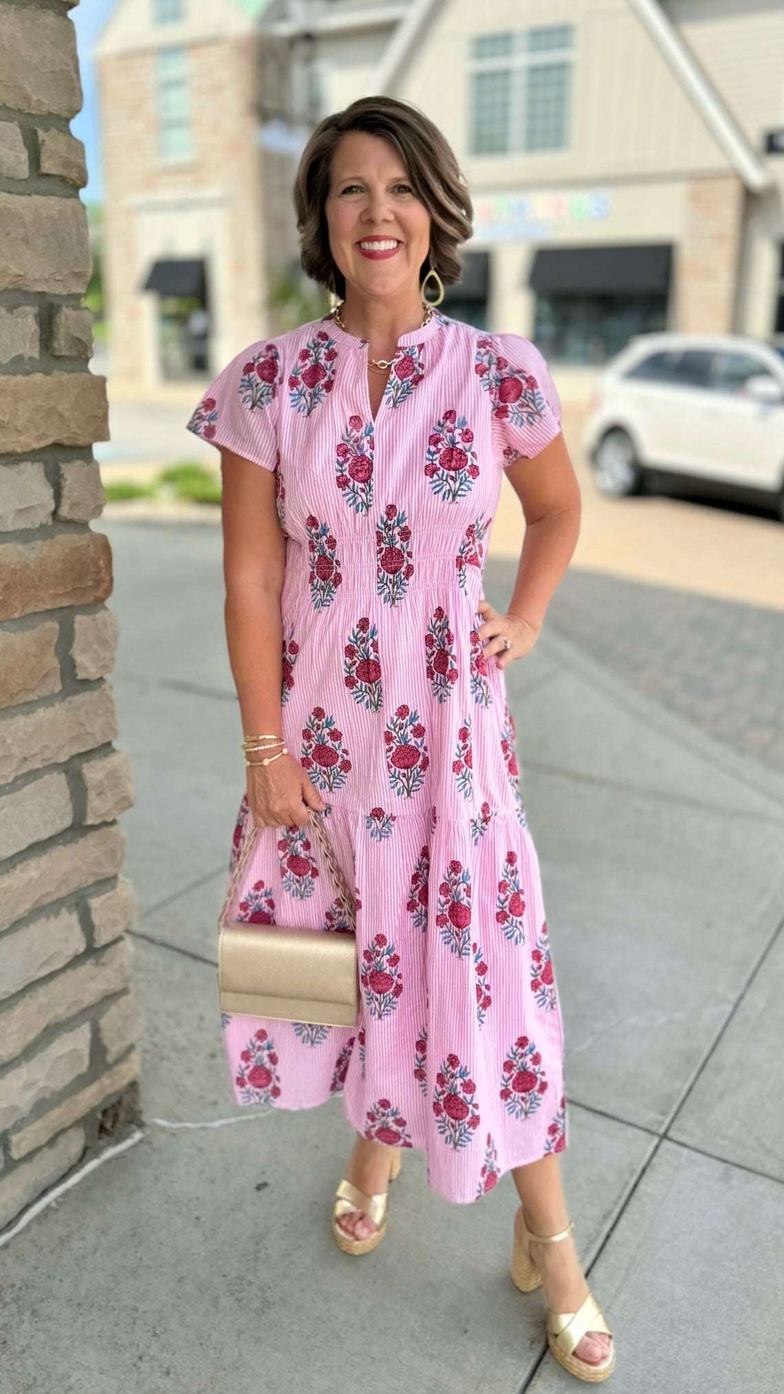 Ivy Jane Shirred Front Midi Dress - Pink Stripe