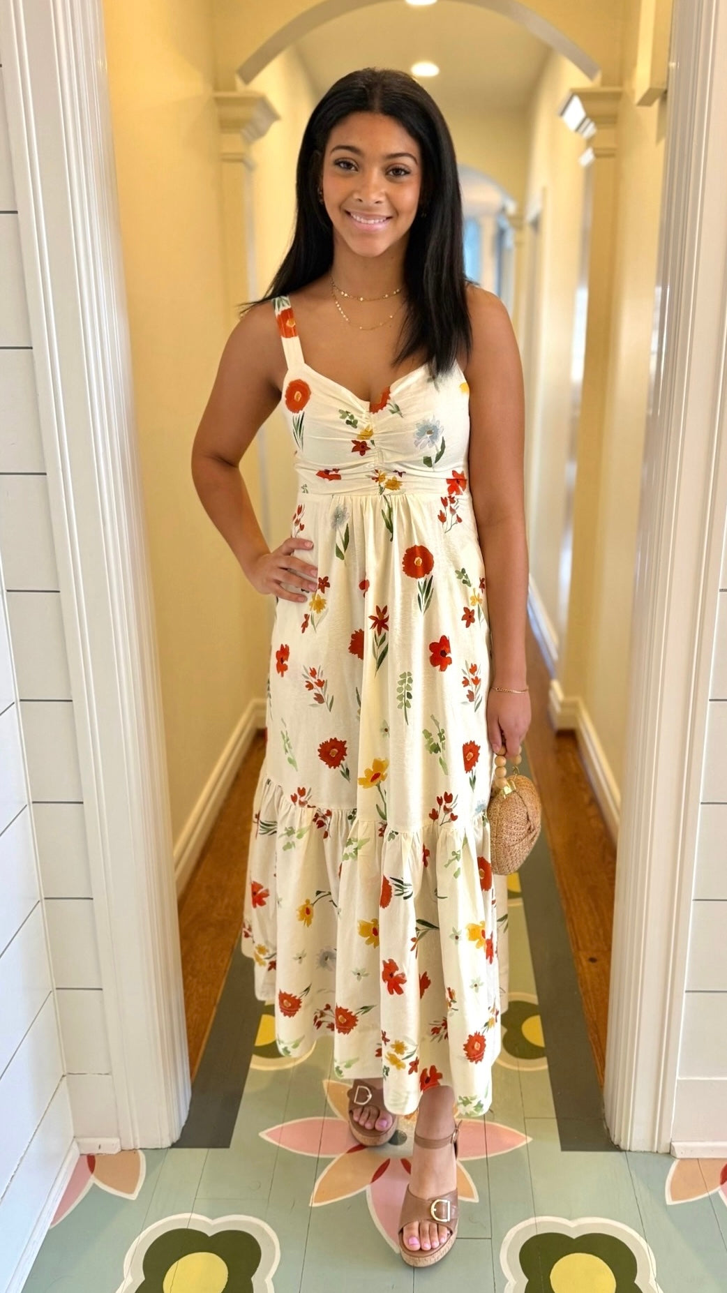 Marie Poppy Midi Dress - Ivory