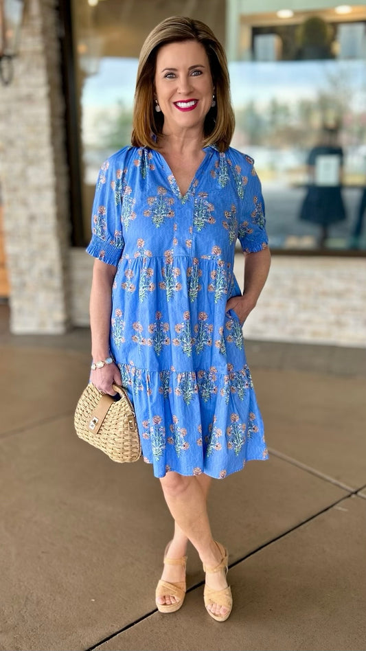 Patti Puff Sleeve Floral Dress - Blue