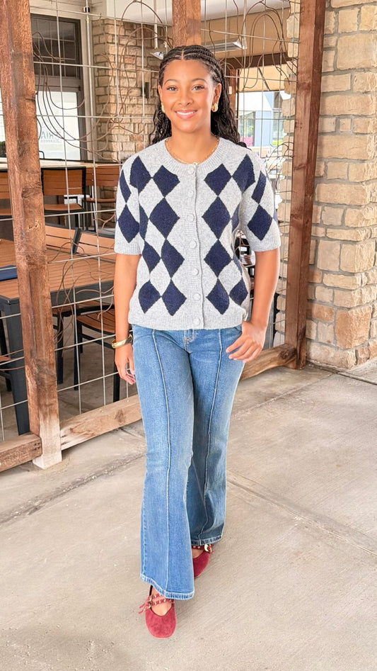 Jaslyn Diamond Cardigan - Heather Grey & Navy