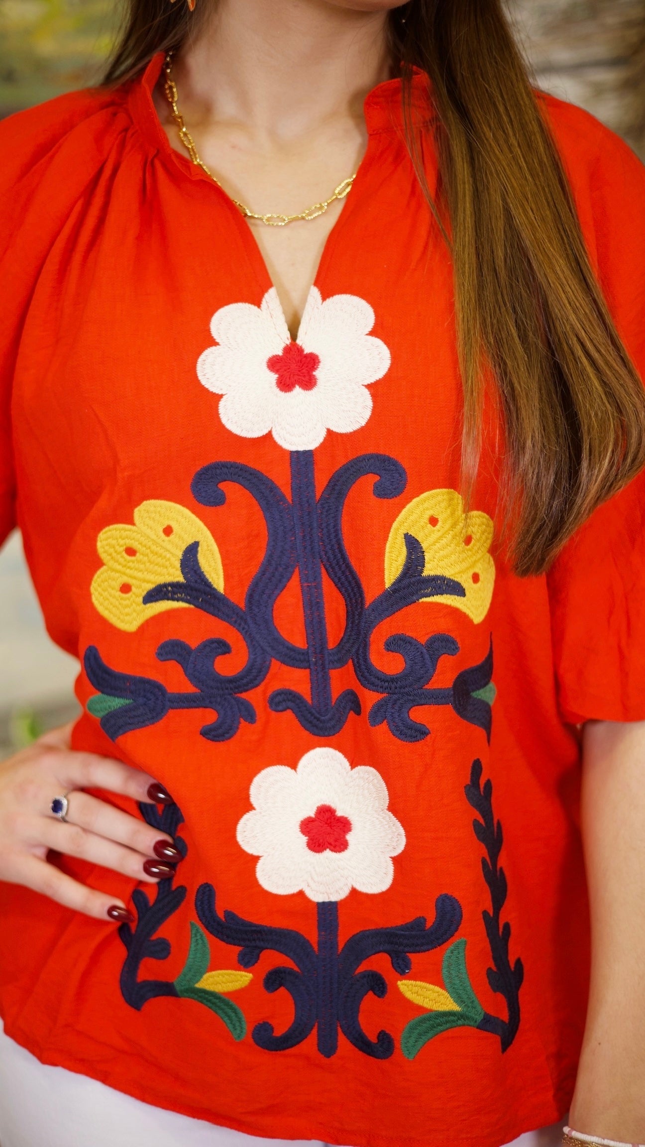 Lisa Floral Embroidered Top - Red