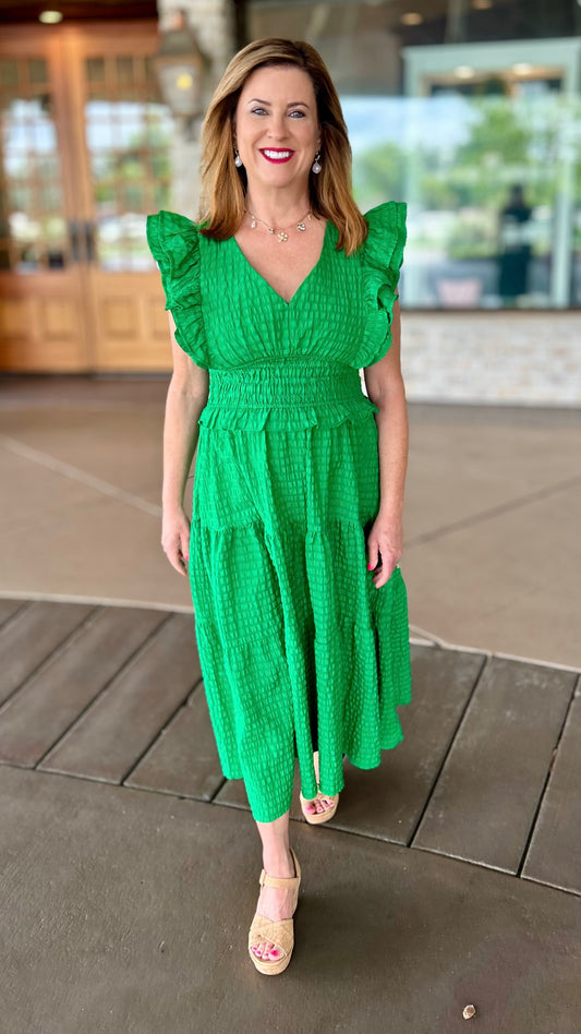 Cinched Waist Textured Midi Dress - Green