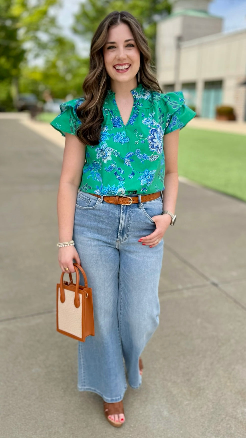 Pretty in Poplin Top - Green & Blue Floral