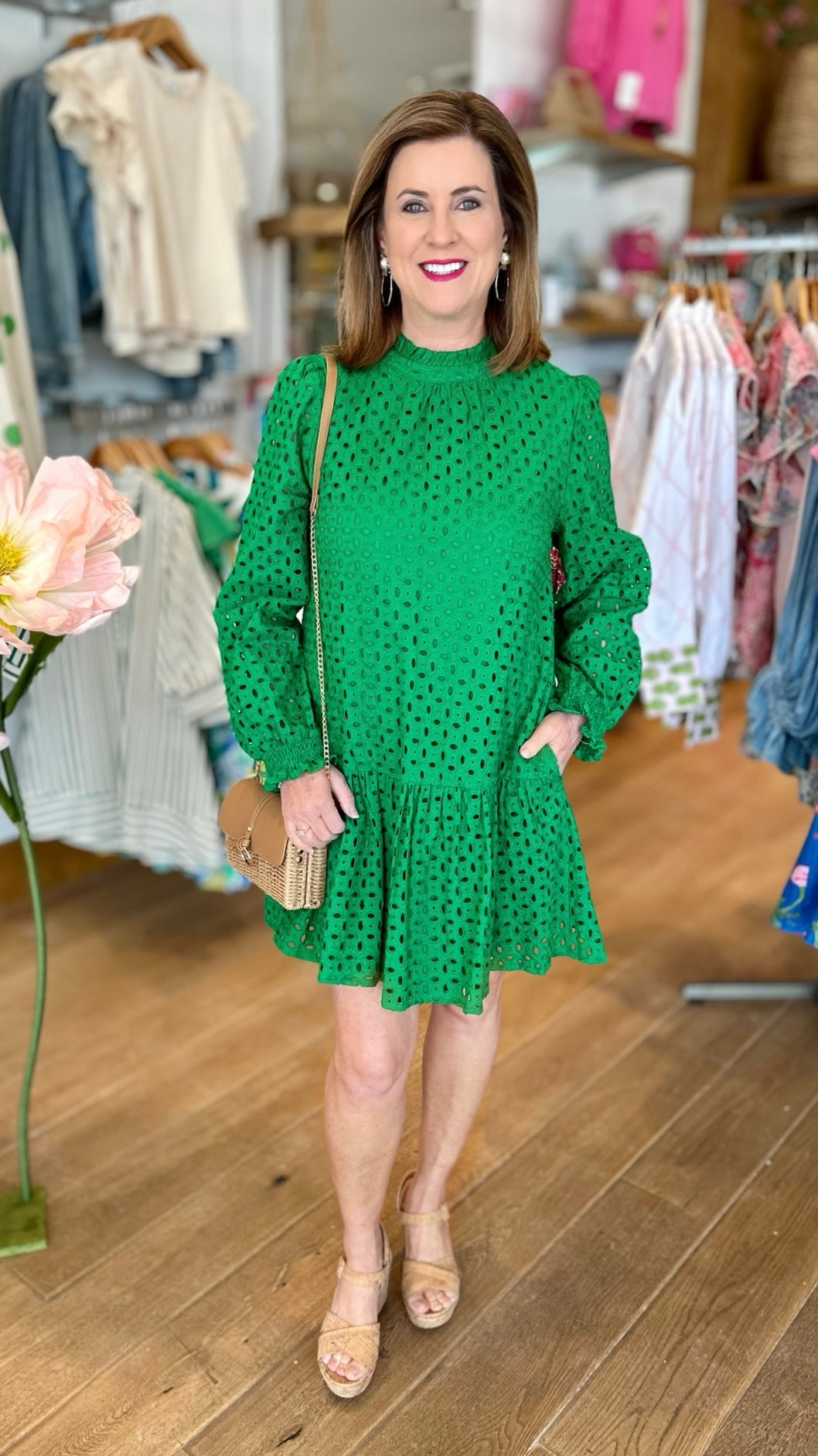 Lena Ruffle Neck Lined Eyelet Dress - Green