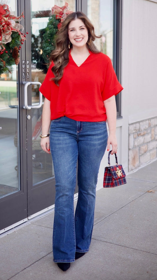 Rachel Ruffle Neck Top - Red