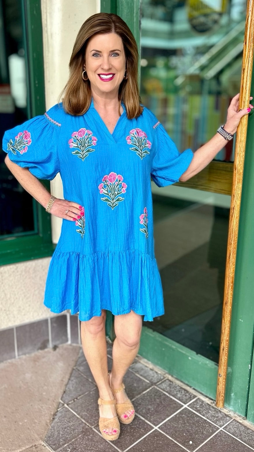 Pops Of Pink Poppies Mini Dress - Ocean