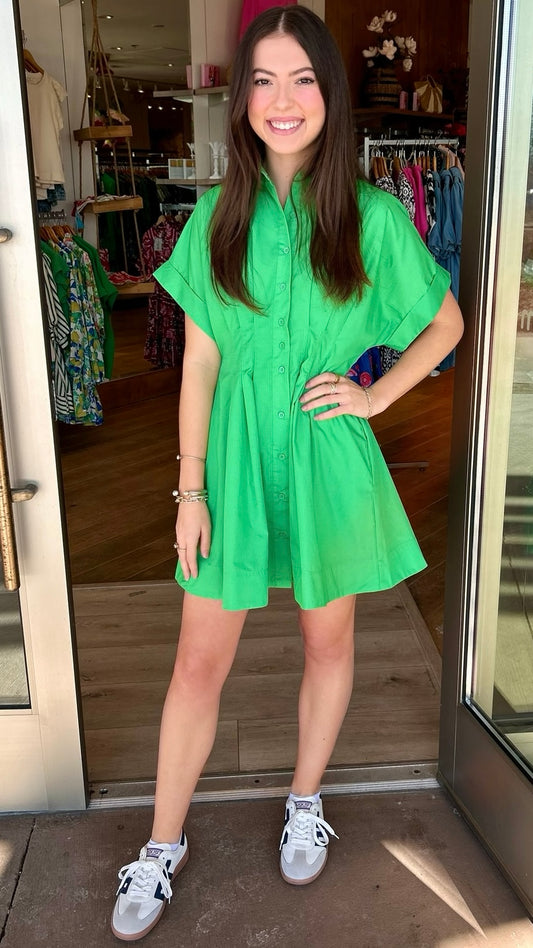 Green Pleat Waist Mini Dress