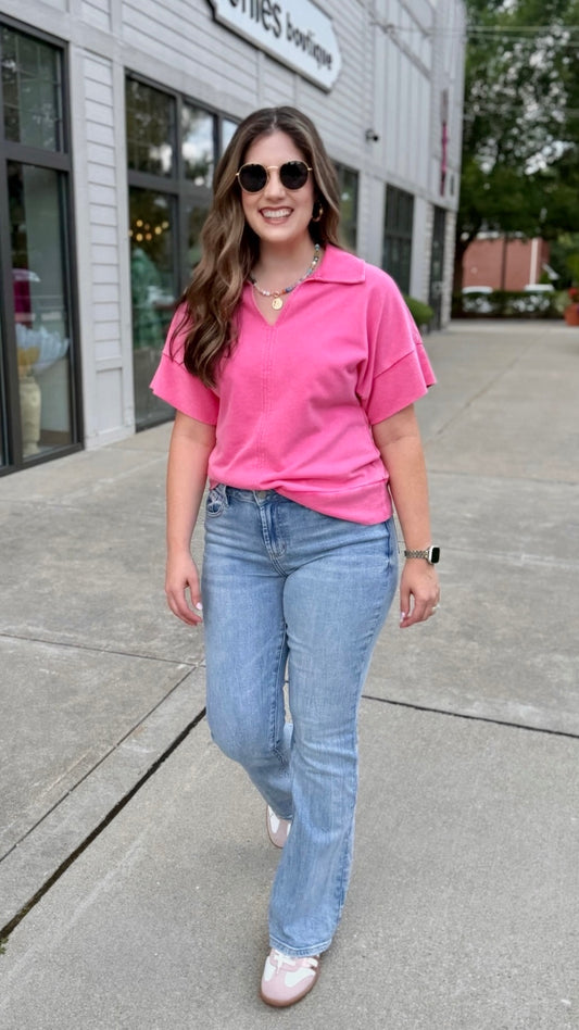 Washed V Neck Pullover - Fuchsia