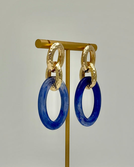 Gold & Acrylic Oval Earrings - Navy