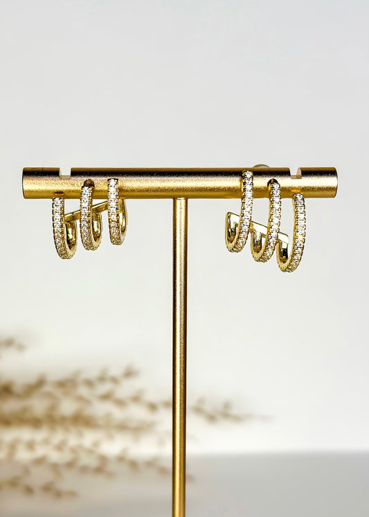 Bling Pave Trio Earrings - Gold