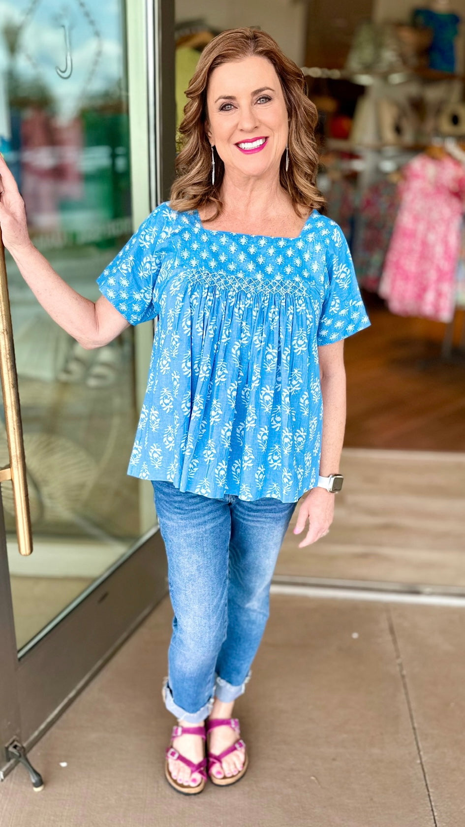 Ivy Jane Blue Floral Smocked Square Neck Blouse