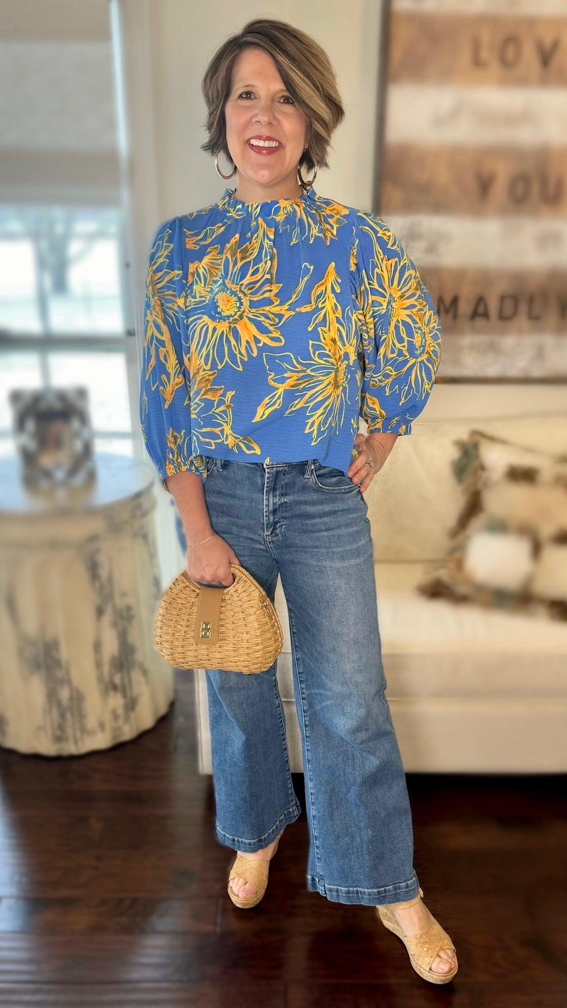 Floral Ruffle Neck Blouse - Blue