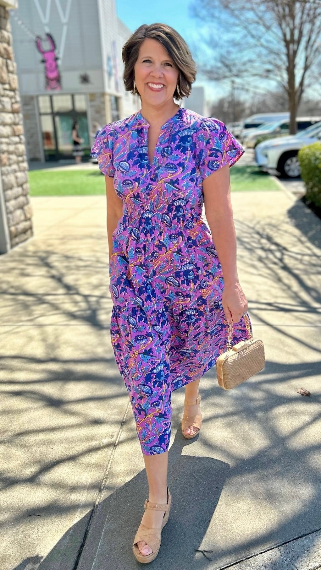 Ivy Jane Shirred Front Midi Dress - Violet Floral