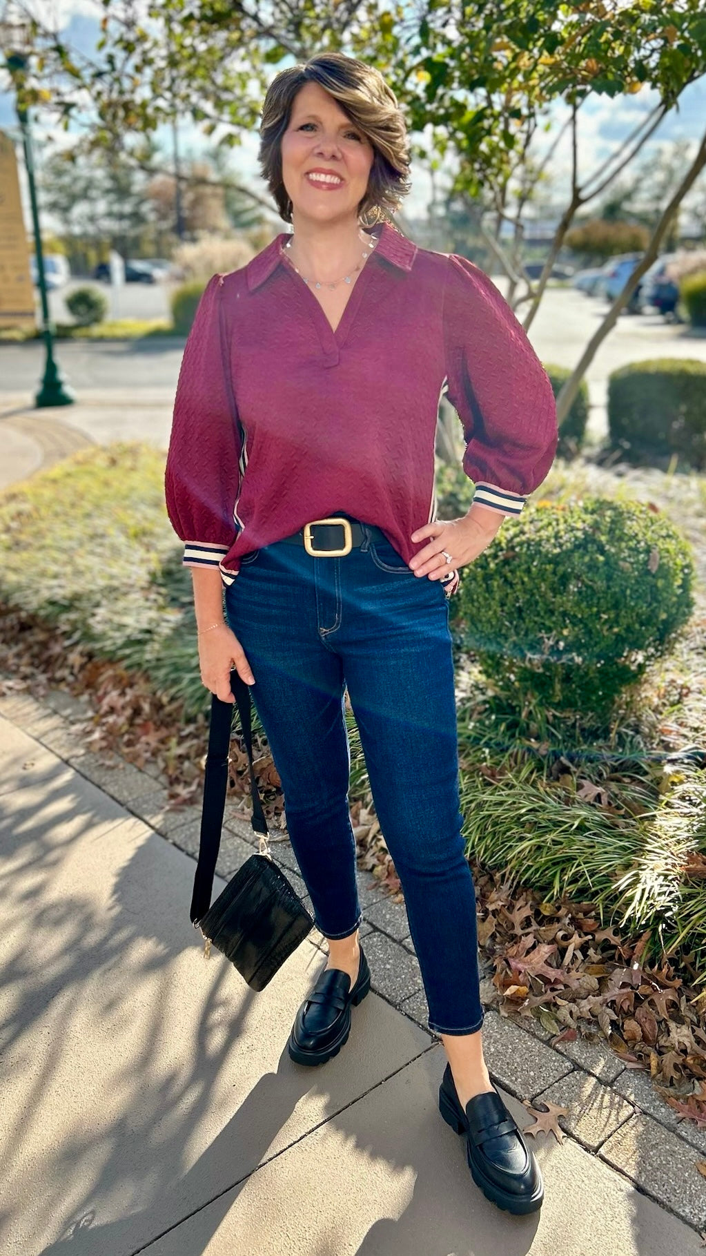 Collared Quilted Prep Stripe Top - Burgundy