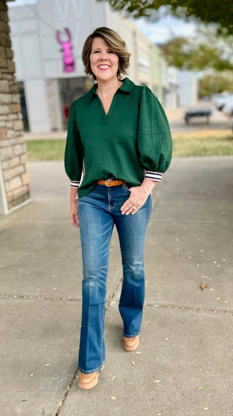 Collared Quilted Prep Stripe Top - Hunter