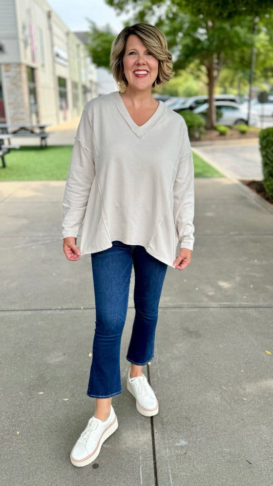 Asymmetrical V-Neck Sweatshirt - Beige
