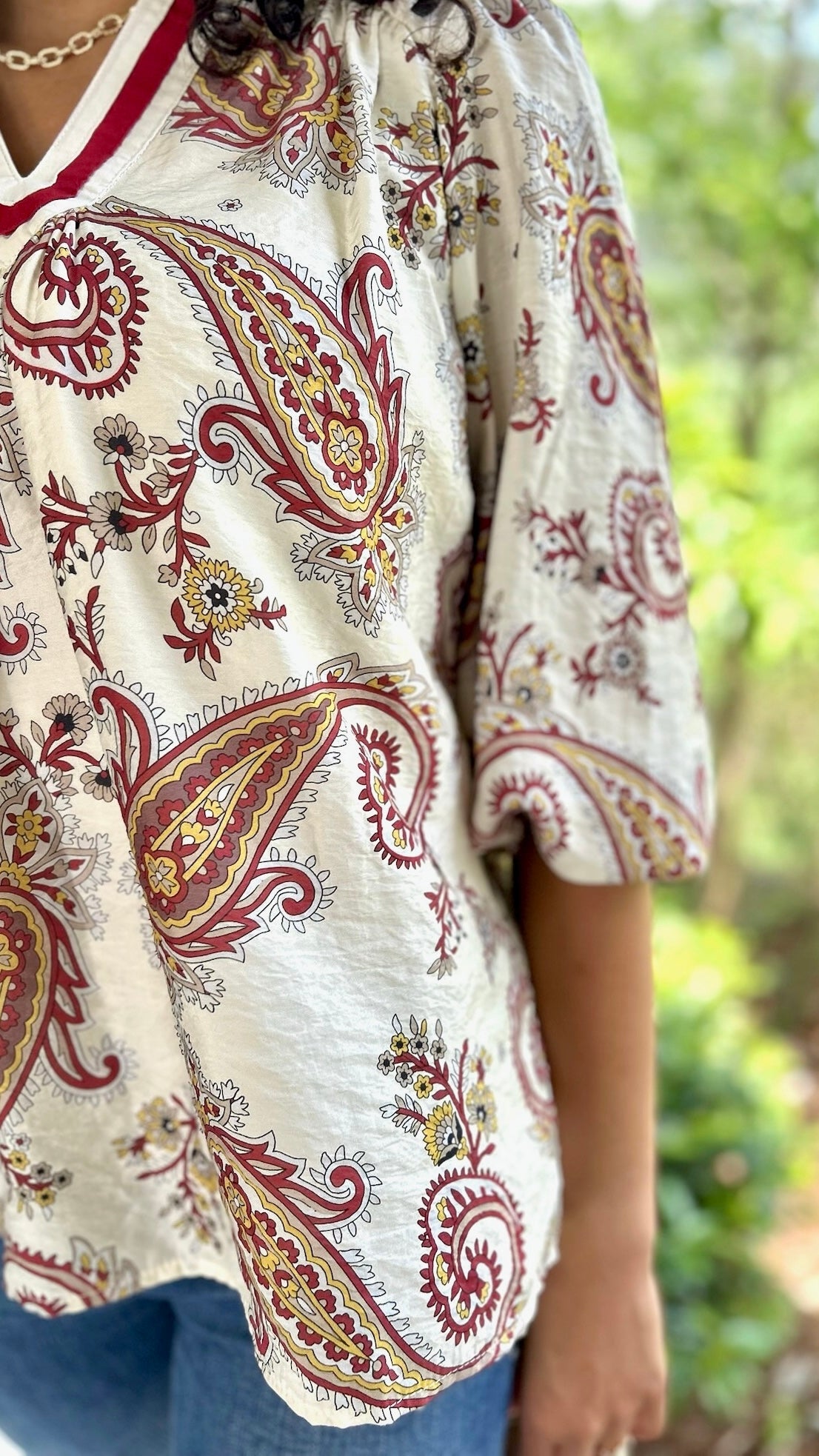 Scarlett Paisley Top - Ivory & Burgundy Mix