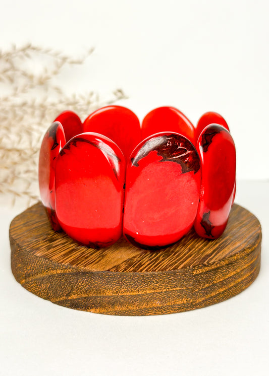 Tagua Carved Stretch Bracelet - Red