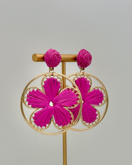 Raffia Flower Earrings - Fuchsia