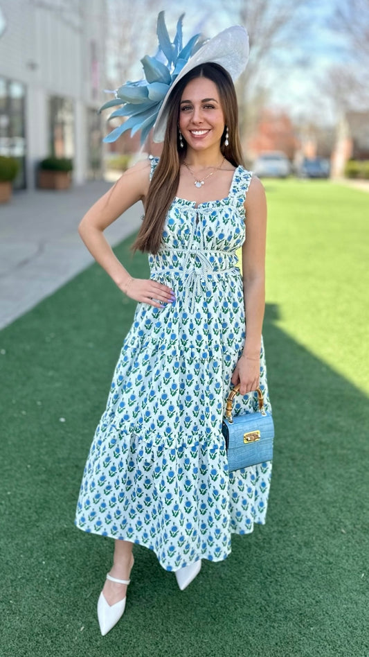 Floral Tiered Midi Dress - White/Blue