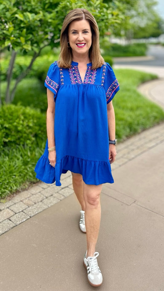 Blooming Bunches Embroidered Dress - Blue