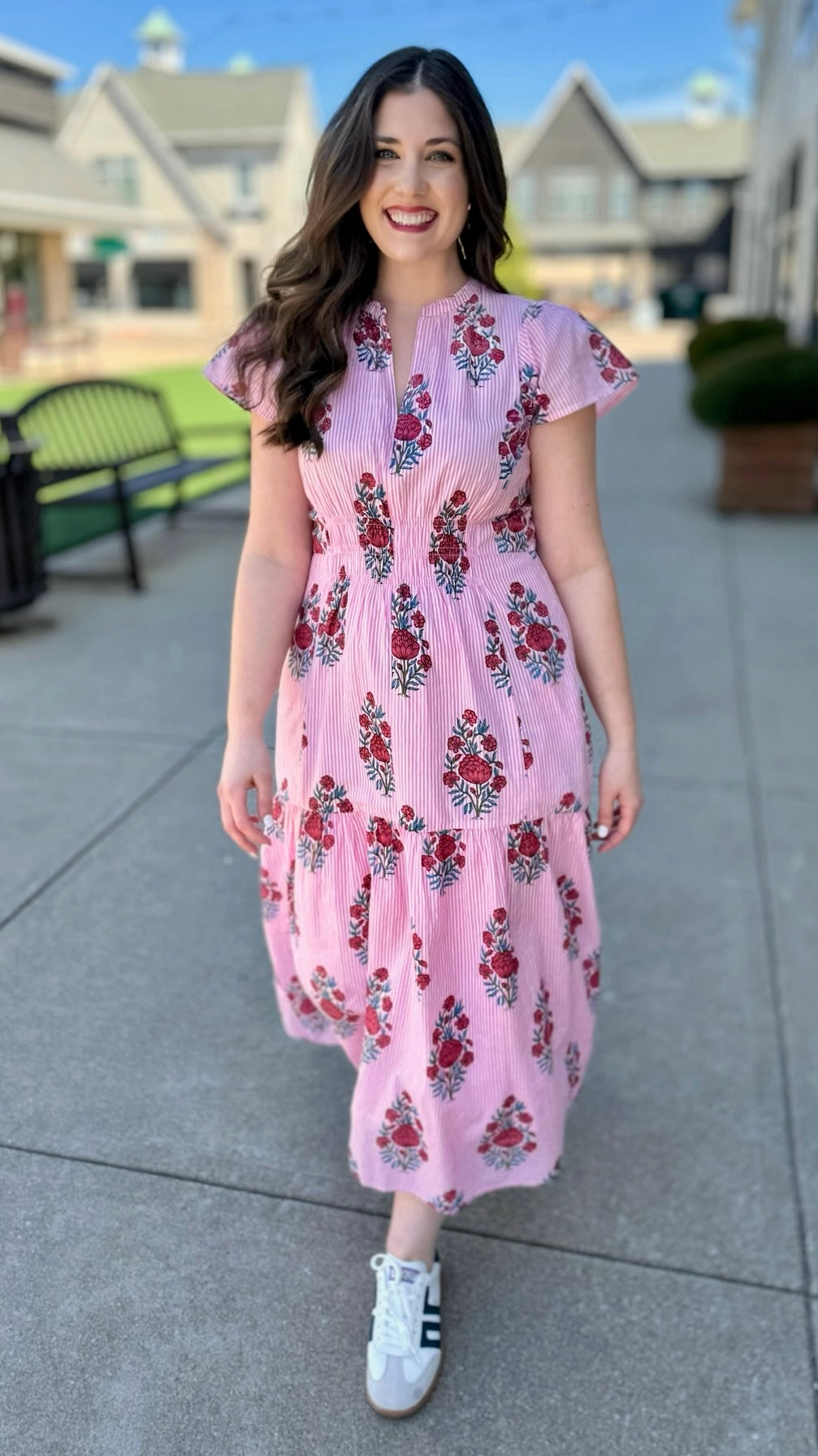 Ivy Jane Shirred Front Midi Dress - Pink Stripe