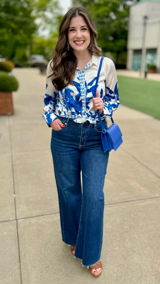 Isabel Ivory Blue Palm Blouse