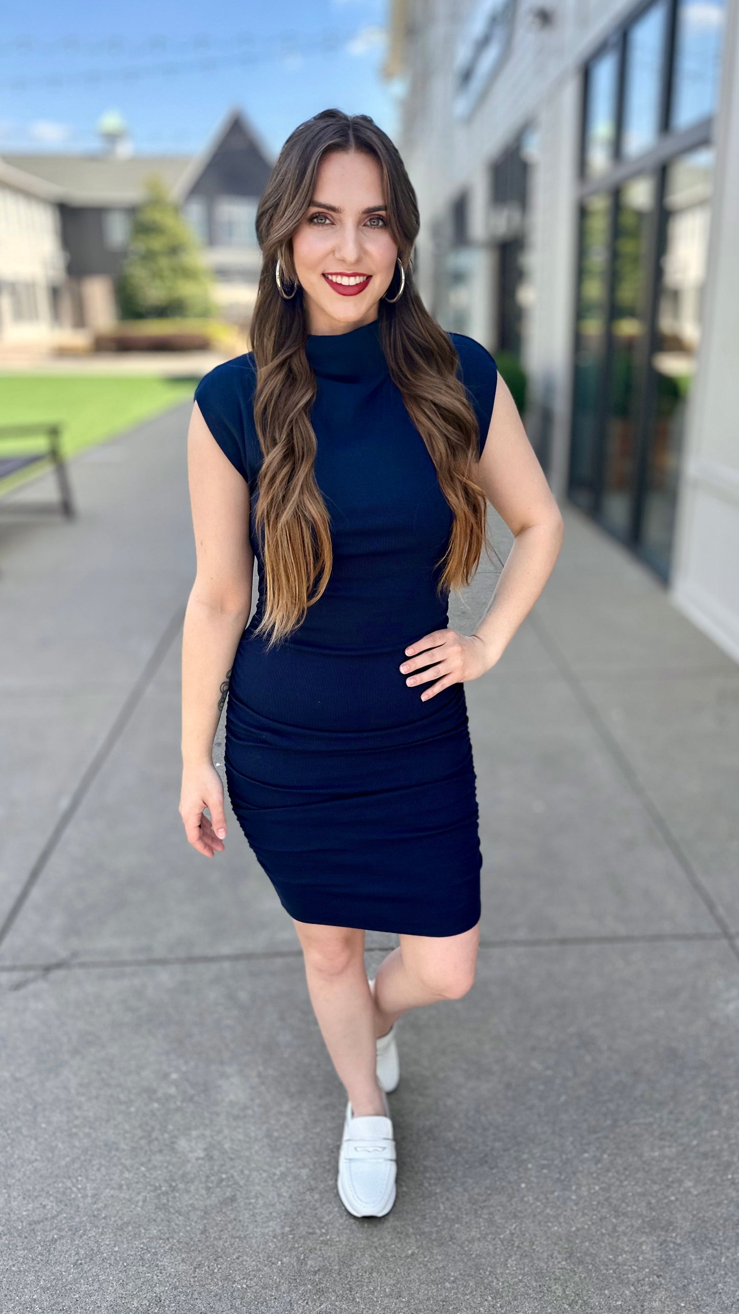 Michael Stars Gia Ribbed Power Shoulder Dress - Navy