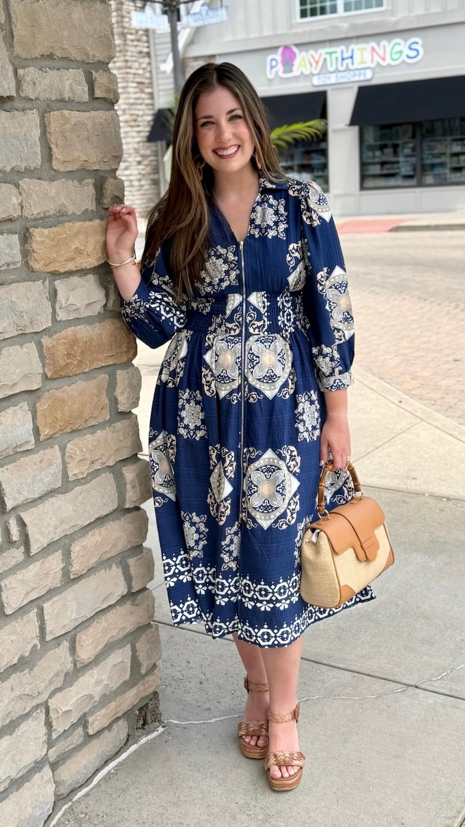 Maisie Tile Print Zipper Midi Dress - Royal