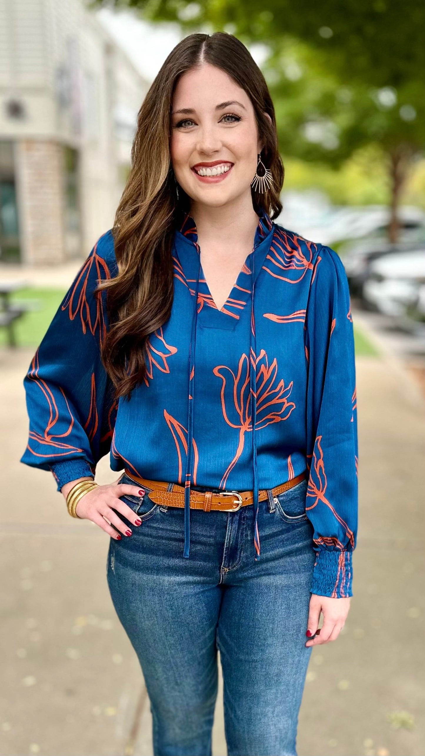 Coastal Blooms Teal & Red Tie Neck Blouse