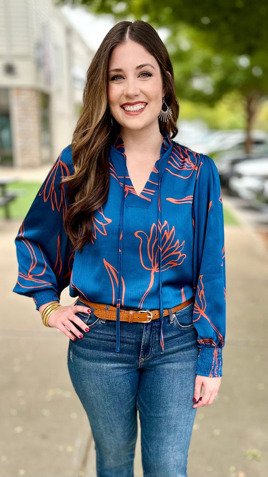 Coastal Blooms Teal & Red Tie Neck Blouse
