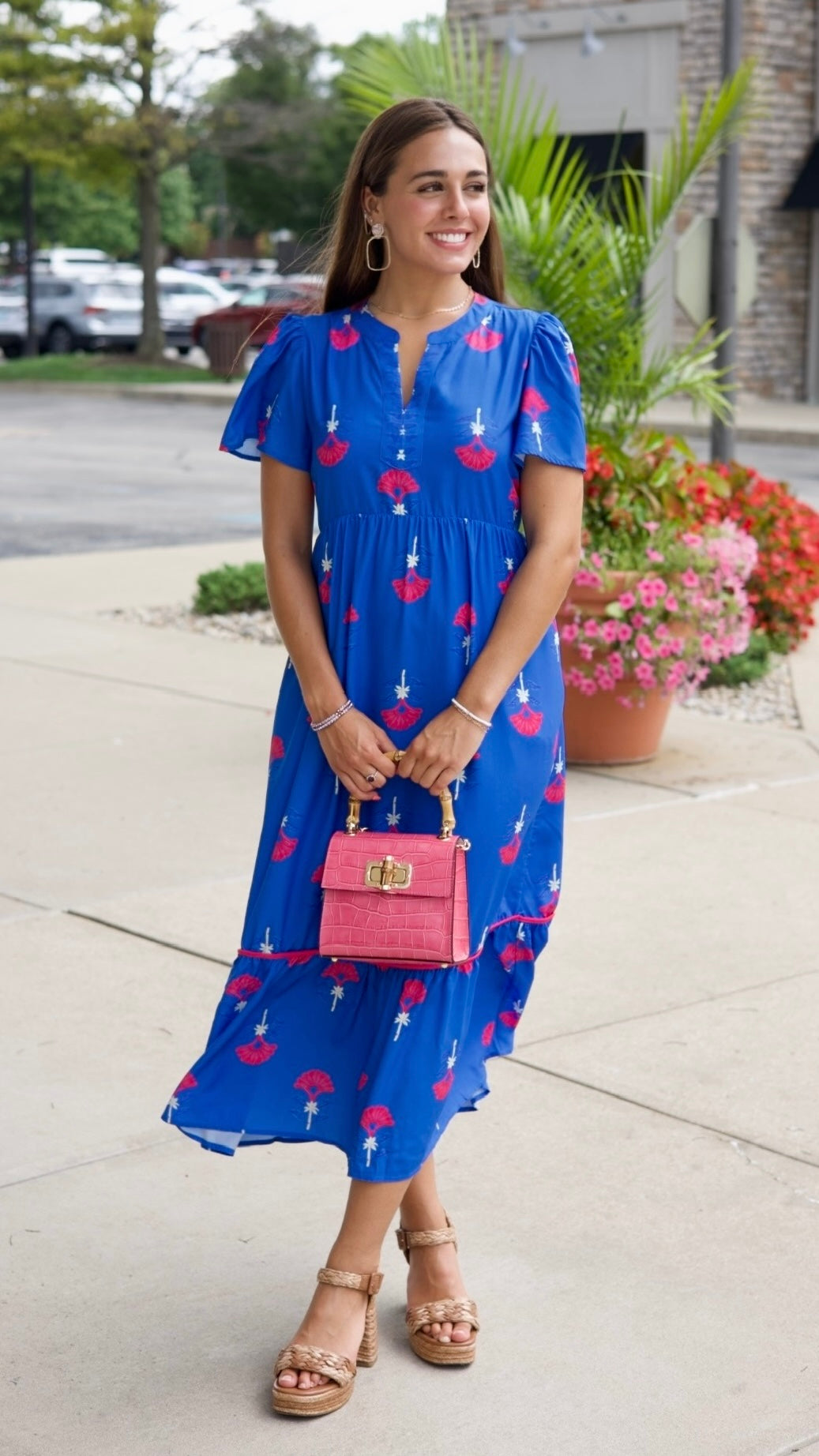 Elena Fan Floral Midi Dress - Royal