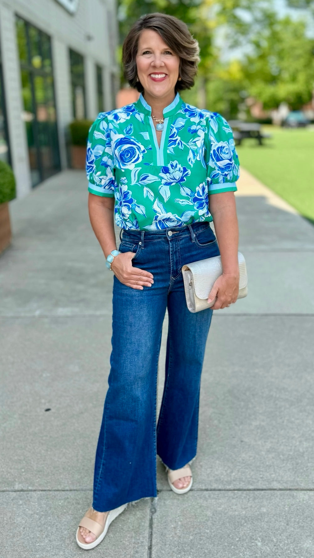 Chic Floral Print Blouse - Green