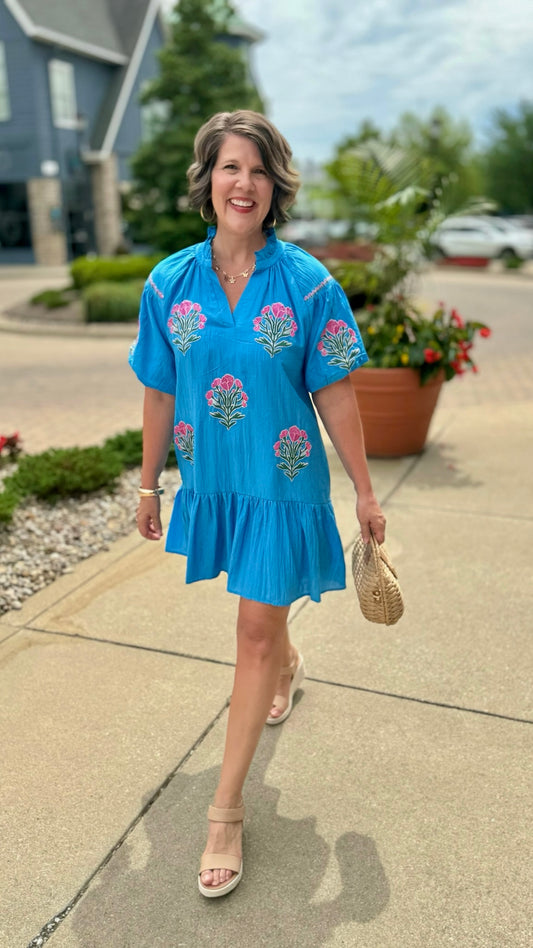 Pops Of Pink Poppies Mini Dress - Ocean