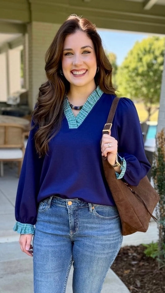 Adele Plaid Ruffle Top- Navy