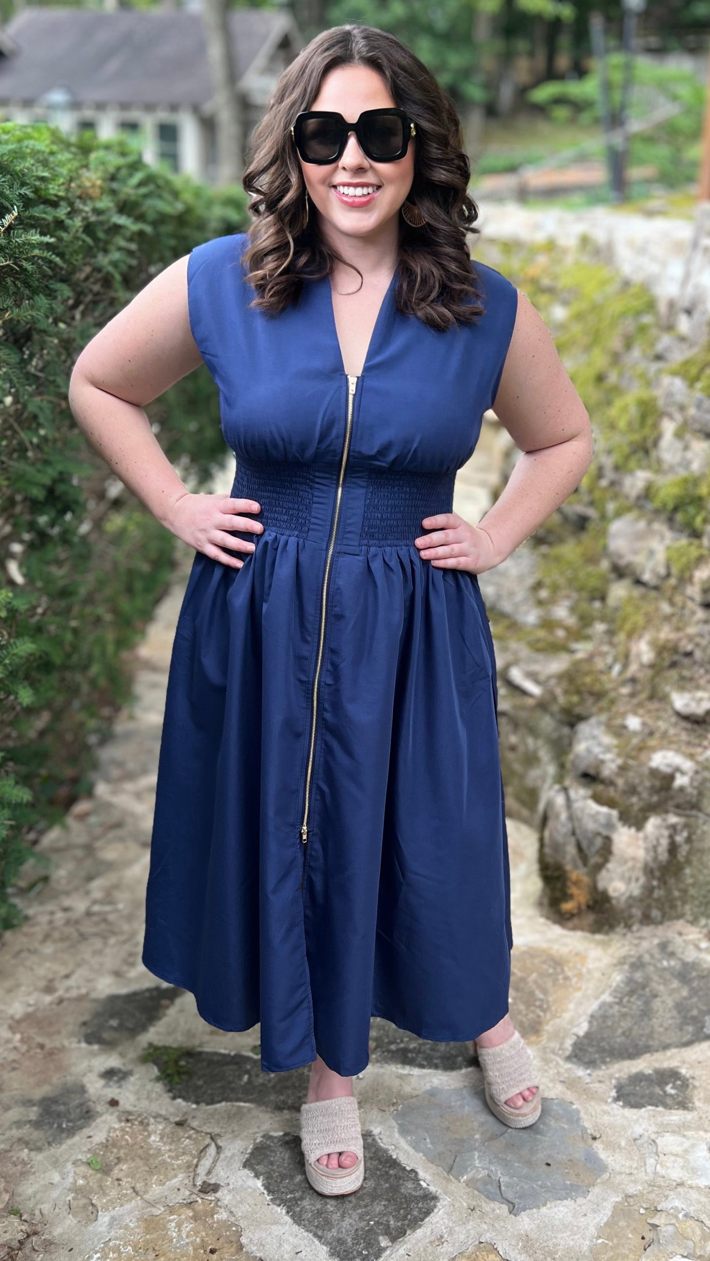 Navy Zip Midi Dress