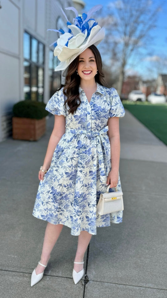 Lila Blue Rose Midi Dress With Belt