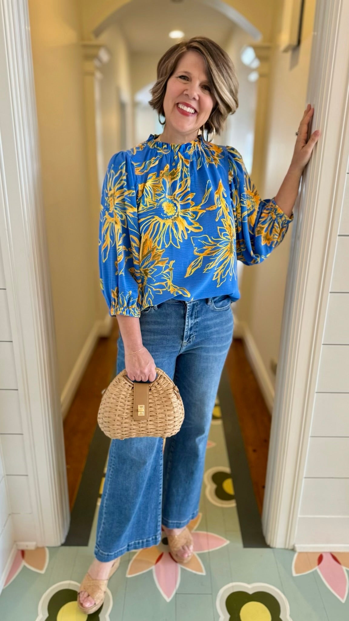 Floral Ruffle Neck Blouse - Blue