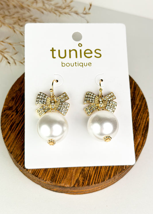 Gold Bow & Ball Pearl Earrings