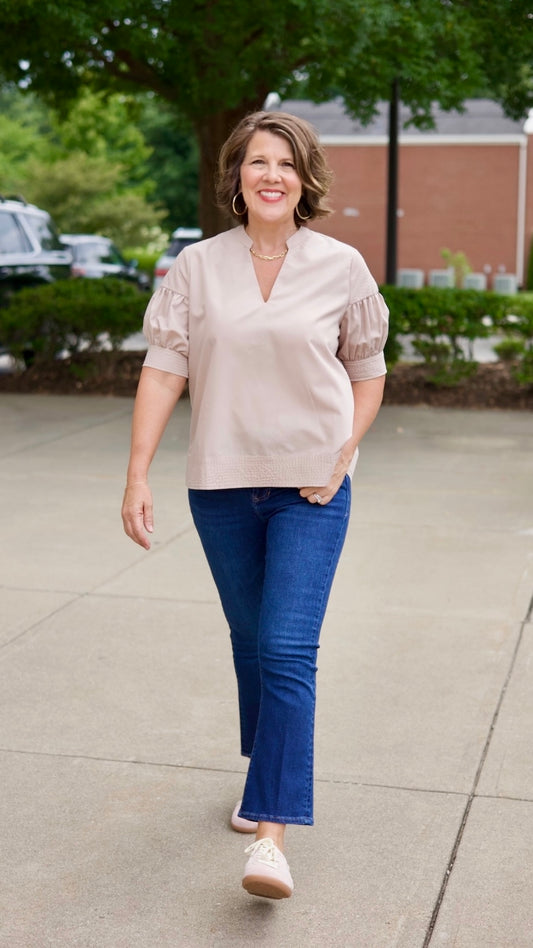 Carolina Khaki Puff Sleeve Top