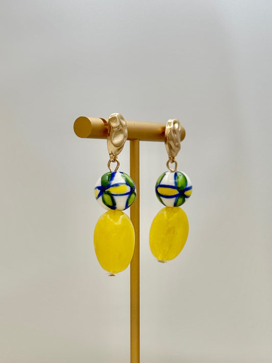 Yellow/ Blue Ceramic Bead Earring - Gold