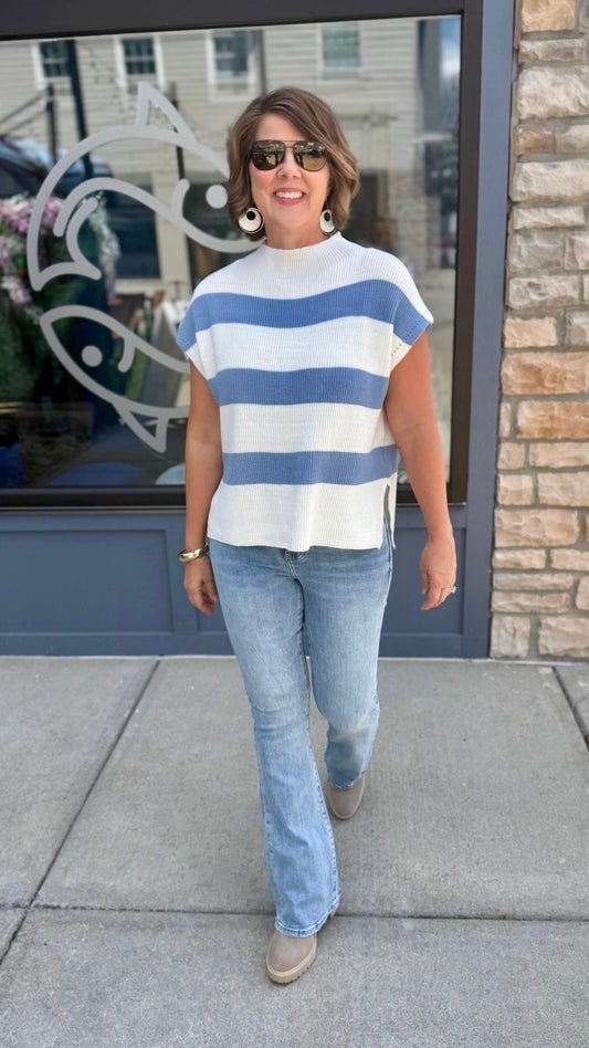 Paige Stripe Sleeveless Sweater - Denim Blue & White