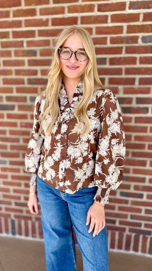 Floral Button Up Blouse - Brown