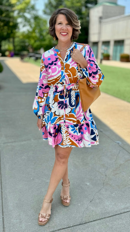 Groovy Cinch Waist Dress - Navy Mix