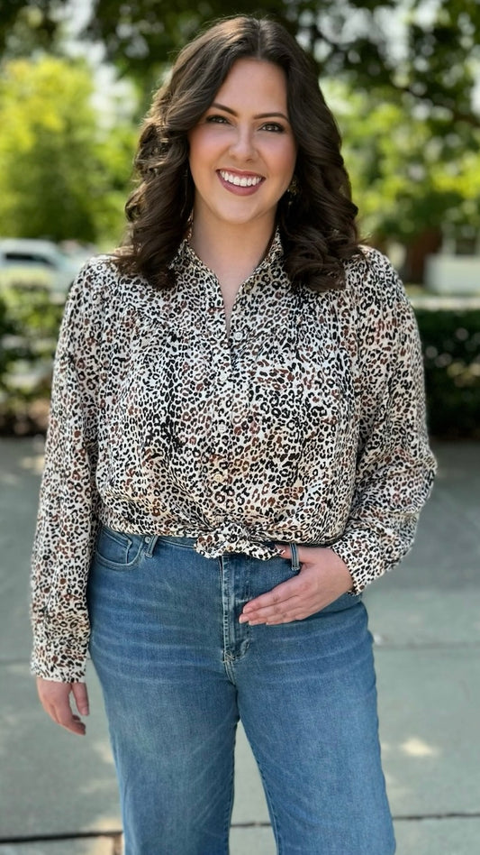 Wild Side Button Down Blouse - Taupe